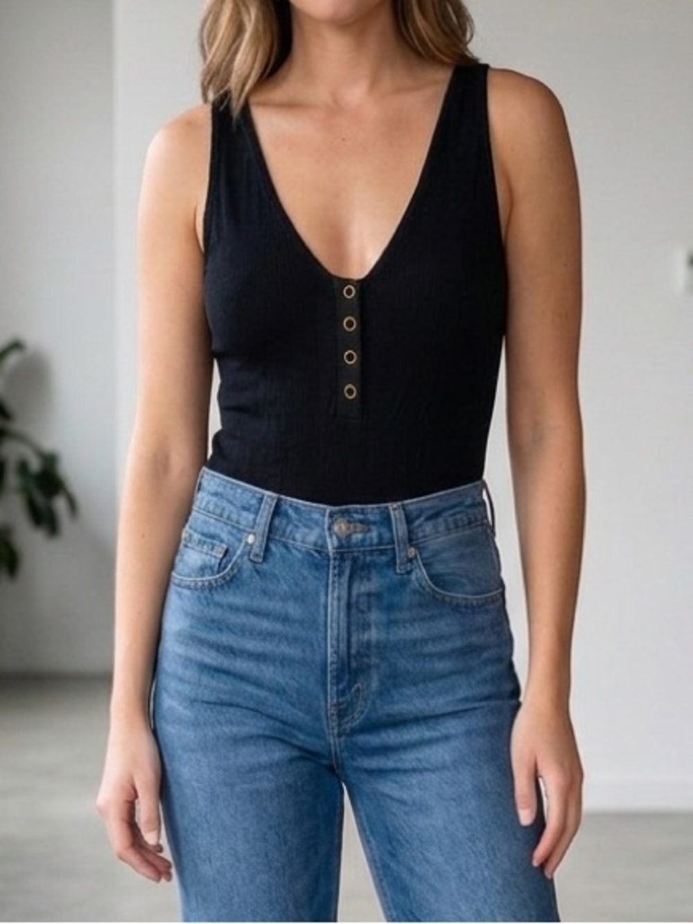 Free People Intimately High-Cut Henley Bodysuit - Black, Size S